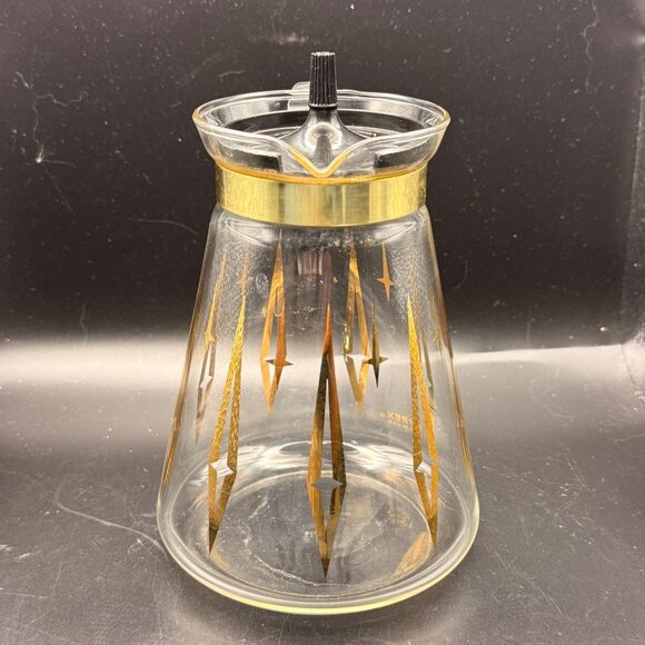 Vintage MCM Pyrex 8-Cup Coffee Carafe Gold Atomic Starburst Design Black Handle - Picture 3 of 7